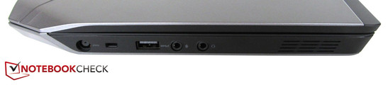 Левая грань: разъём питания, Noble Lock, USB 3.0, аудиовыход и микрофонный вход