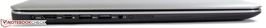 Слева: разъём питания, HDMI, mini-DisplayPort, 2 x USB 3.0, аудио, индикатор заряда батареи