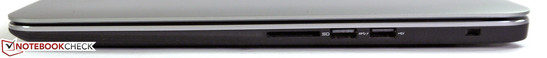 Справа: картридер, USB 3.0, USB 2.0, Kensington