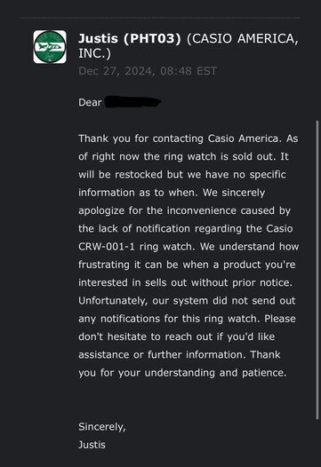 Переписка по электронной почте с Casio America. (Источник изображения: u/Temporary_Airline_58 через Reddit)