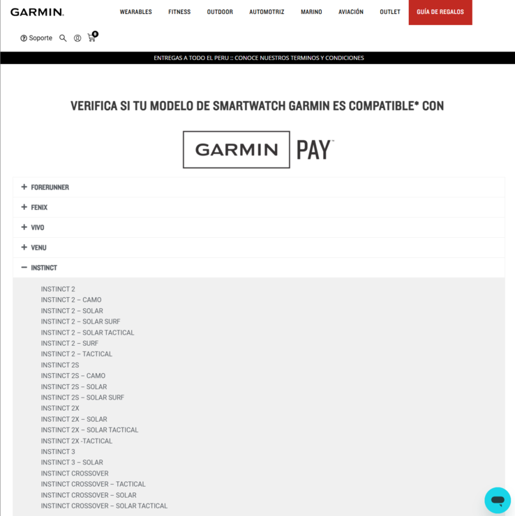 Скриншот веб-сайта Garmin Peru, подтверждающий выпуск смарт-часов Instinct 3 и Instinct 3 Solar. (Источник изображения: Garmin)