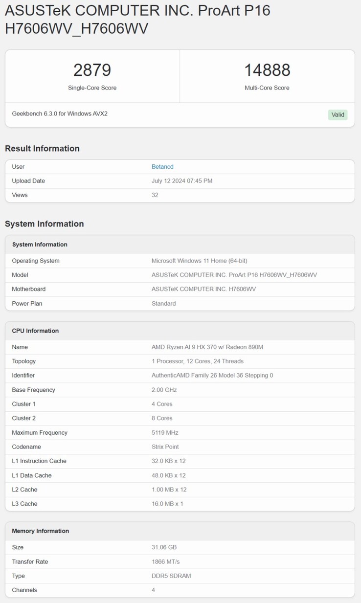 Результат Ryzen AI 9 HX 370 Geekbench 6. (Источник изображения: Geekbench)