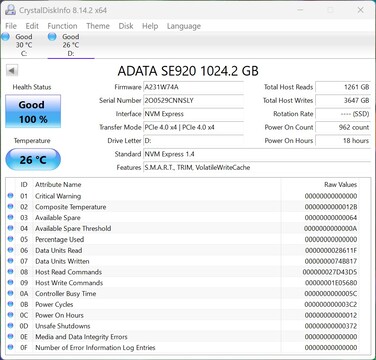 ADATA SE920 работает с интерфейсом PCIe 4.0 x4