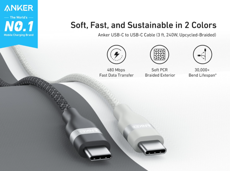 Недавно выпущенный кабель Anker USB-C to USB-C Cable (240 Вт, Upcycled-Braided). (Источник изображения: Anker)