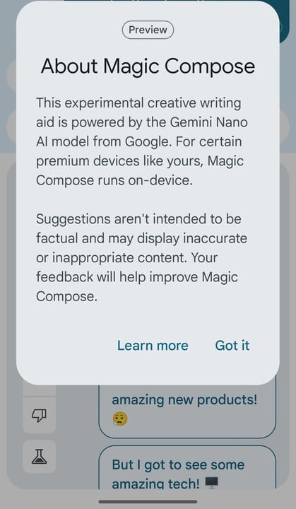 Функция Magic Compose в приложении Google Messages, работающая на модели Gemini Nano. (Источник изображения: Android Authority)