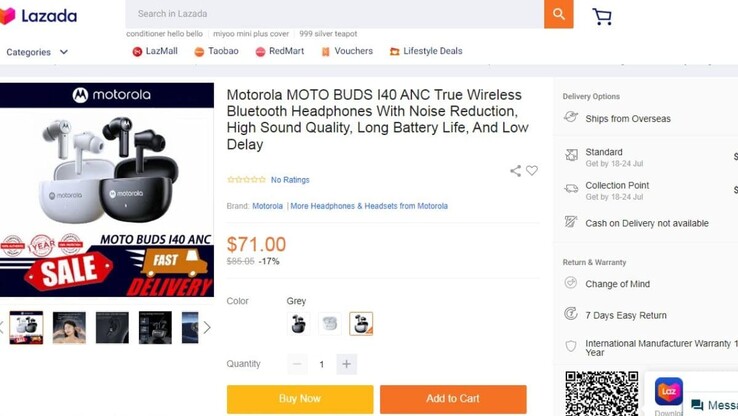 Листинг Moto Buds I40 на сингапурском сайте Lazada (Источник: Lazada)