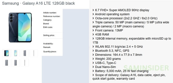 Предположительно полная спецификация Galaxy A16...