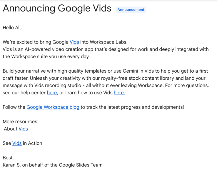 Сегодняшнее объявление о запуске Google Vids в Workspace Labs. (Источник: Служба поддержки Google)