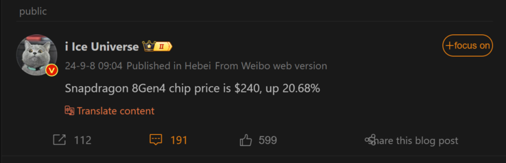 Последний отчет Ice Universe о Snapdragon 8 Gen 4 (Источник изображения: Weibo - машинный перевод)