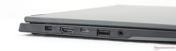 Слева: Адаптер переменного тока, HDMI 2.1 FRL, USB-C 4 (40 Гбит/с) w/ DisplayPort + Power Delivery, USB-A 3.2 Gen. 2, 3,5 мм гарнитура