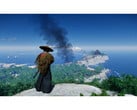 Пейзажный снимок из игры Ghost of Tsushima, на котором изображен Джин, стоящий на горе с видом на остров. (Источник изображения: Steam)