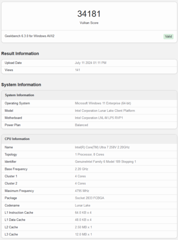 Оценка Intel Arc 140V в Vulkan (изображение с сайта Geekbench)