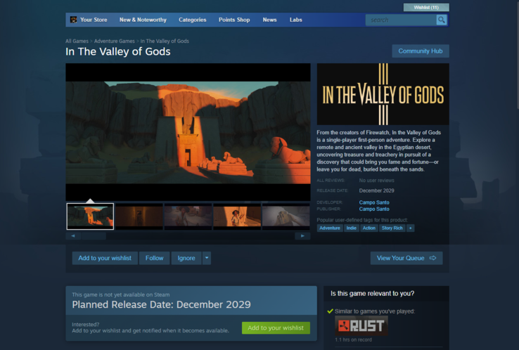 предварительная дата выхода игры 'In the Valley of Gods' в Steam - декабрь 2029 года. (Источник изображения: Steam)