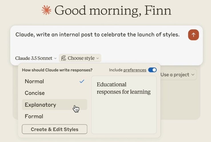 Anthropic добавляет стили краткого, пояснительного и формального письма к обычному стилю ответов Клода ИИ. (Источник изображения: Anthropic)