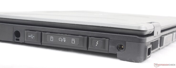 Правая сторона: слот для дополнительной батареи, перо-стилус (опционально для сенсорных экранов), USB-A 3.2 Gen. 1, Mini-SIM (опционально), аудио разъем, картридер, USB-C Thunderbolt 4 (Power Delivery + DisplayPort), разъем питания
