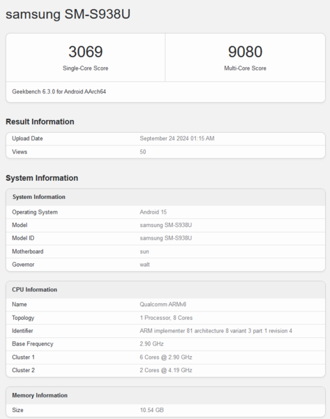 Qualcomm Snapdragon 8 Gen 4 для Galaxy (источник изображения: Geekbench)