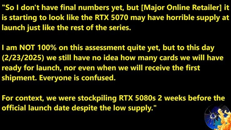 Информация о стартовых запасах RTX 5070. (Источник изображения: Закон Мура мертв)