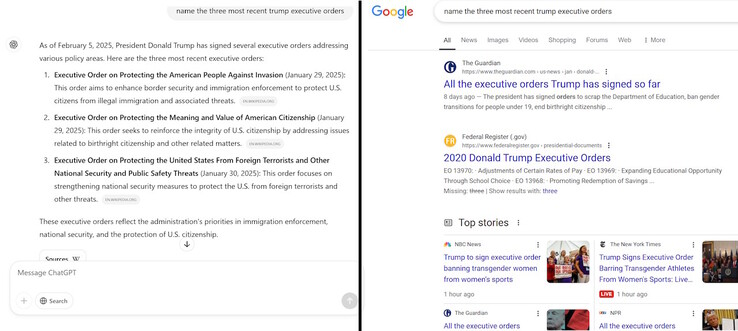 ChatGPT (слева) отвечает на вопросы правильным ответом, а не списком результатов поиска, как Google (справа). (Источник изображения: Notebookcheck.net)