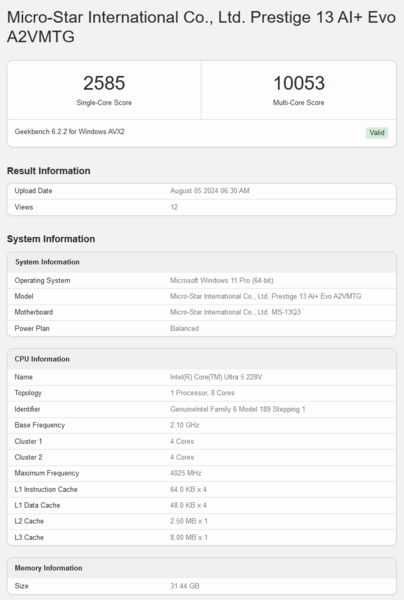 Оценка Core Ultra 6 228V в Geekbench (источник изображения: Geekbench)