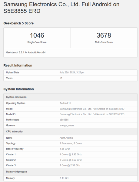 Оценка Exynos 1580 в Geekbench 5.5 (источник изображения: Geekbench)