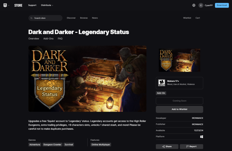 Dark and Darker - Legendary Status имеет статус 'Coming Soon' в Epic Games Store прямо сейчас. (Источник изображения: Epic Games)