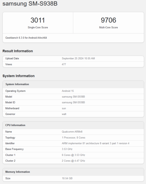 Snapdragon 8 Gen 4 для Galaxy новый листинг Geekbench (источник изображения: Geekbench)