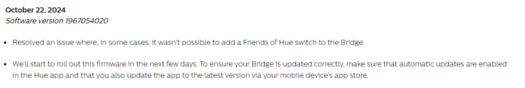 Журнал изменений для версии программного обеспечения Philips Hue Bridge 1967054020. (Источник изображения: Philips Hue)