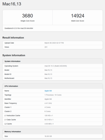 Оценка процессора M4 MacBook Air Geekbench (источник изображения: Geekbench)