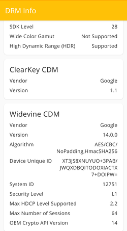 Смартфон поддерживает Widevine DRM