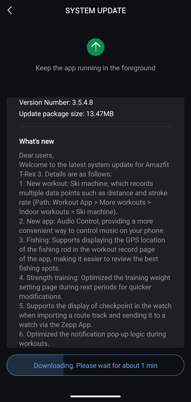 Журнал изменений для обновления Amazfit T-Rex 3 версии 3.5.4.8. (Источник изображения: u/Ech0ke через Reddit)