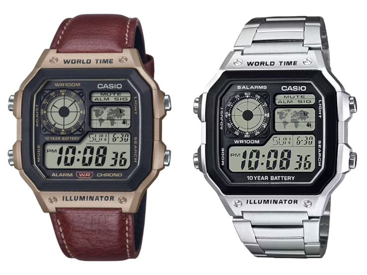 Casio AE-1200WHL-5AV с кожаным ремешком (слева) и AE-1200WHD-1AV с металлическим браслетом (справа). (Источник изображения: Casio)