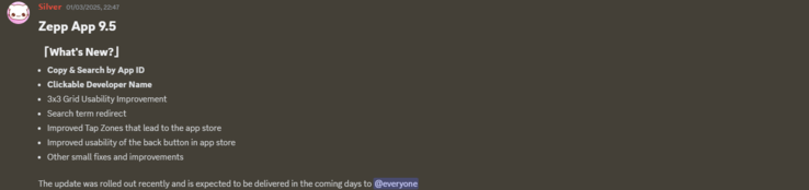 Примечания к выпуску Zepp App 9.5. (Источник изображения: Zepp Health через Discord)