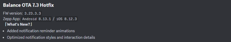 Примечания к выпуску исправления Amazfit Balance OTA 7.3 Hotfix. (Источник изображения: Zepp Health через Discord)