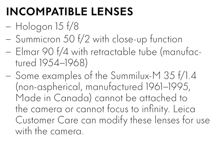 Leica M11-D совместима почти со всеми объективами Leica M-Lenses, выпущенными с 1954 года, за исключением этих объективов. (Источник изображения: Leica)