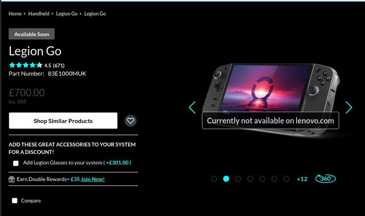 На нескольких европейских сайтах Lenovo посетителей встречает сообщение "Currently not available on lenovo.com" при переходе на страницу продукта Legion Go. (Источник изображения: Lenovo UK)