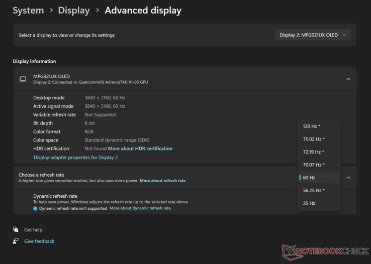 XPS 13 9345 предлагает пиковую частоту обновления 120 Гц, но только в разрешении 1440p. (Источник изображения: Notebookcheck)