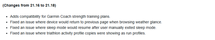 Журнал изменений бета-версии 21.18 для часов Forerunner 255 и Forerunner 955. (Источник изображения: Garmin)