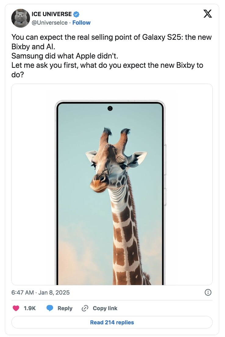Известный тайпстер Ice Universe делает заявления об ориентированности серии Galaxy S25 на искусственный интеллект. (Источник изображения: Ice Universe)