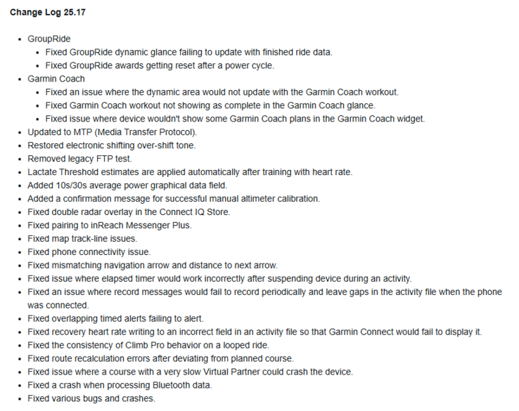 Журнал изменений для бета-версии обновления 25.17 для устройств Garmin X40 Edge. (Источник изображения: Garmin)