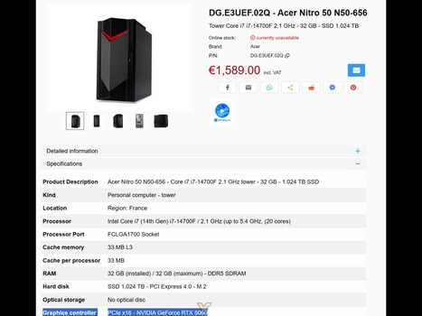 Листинг игрового ПК Acer Nitro 50 RTX 5060 (Источник изображения: VideoCardz)