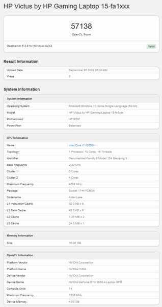 Nvidia GeForce RTX 3050 A Geekbench OpenCL score (источник изображения: Geekbench)