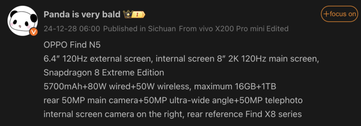 Утечка подробностей об Oppo Find N5. (Источник изображения: Weibo - машинный перевод)