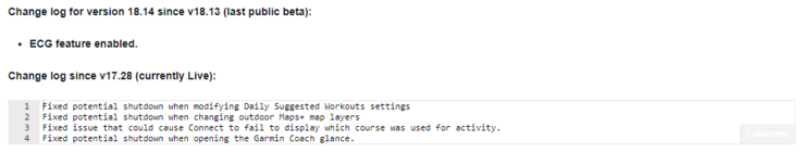 Журнал изменений для бета-версии Garmin 18.14. (Источник изображения: Garmin)