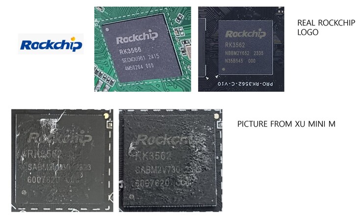 Сравнение логотипа Rockchip рядом с изображением портативной консоли MagicX XU Mini M. (Источник изображения: RetroHandhelds on X/Twitter)