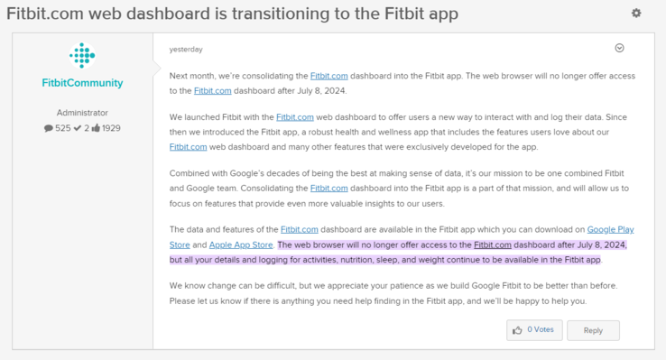 Сообщение на форуме, объявляющее о прекращении работы веб-панели Fitbit.com.