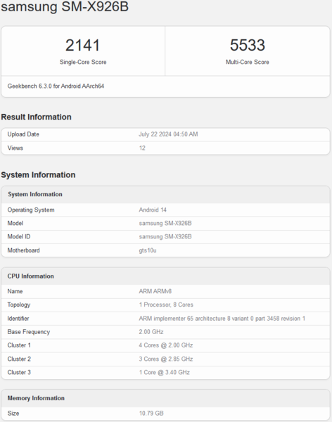 Листинг Samsung Galaxy Tab S10 Ultra Geekbench (источник изображения: Geekbench)