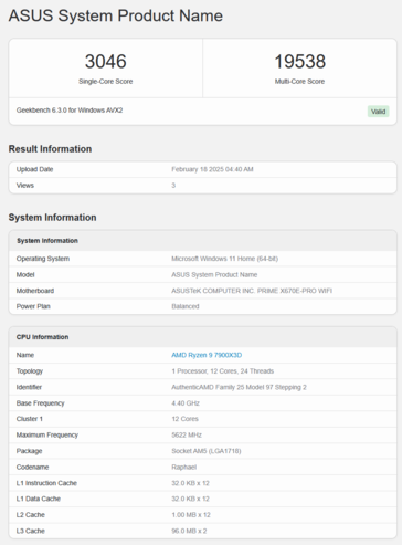 Ryzen 9 7900X3D Geekbench (источник изображения: Geekbench)