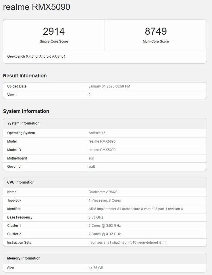 Realme GT 7" попадает в Geekbench с флагманскими характеристиками. (Источник: Realme)