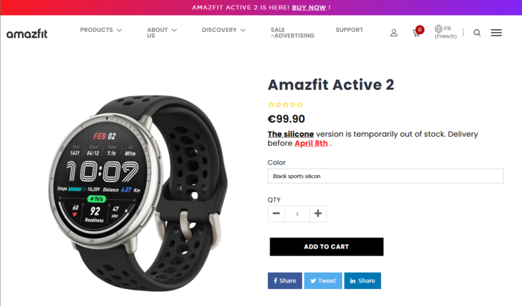 Смарт-часы Amazfit Active 2 отсутствуют на складе в некоторых европейских странах. (Источник изображения: Amazfit)