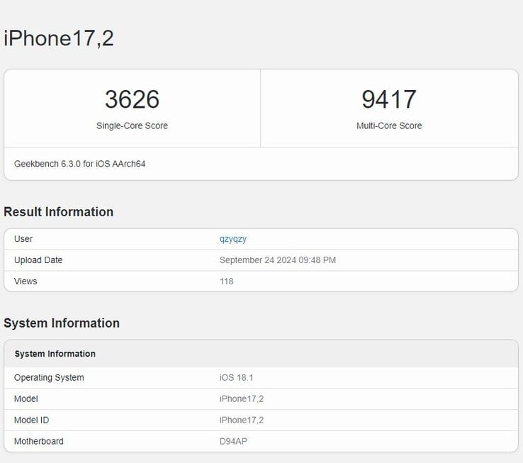 Apple Последние результаты Geekbench, полученные A18 Pro, свидетельствуют о значительном росте производительности. (Источник изображения: Geekbench)